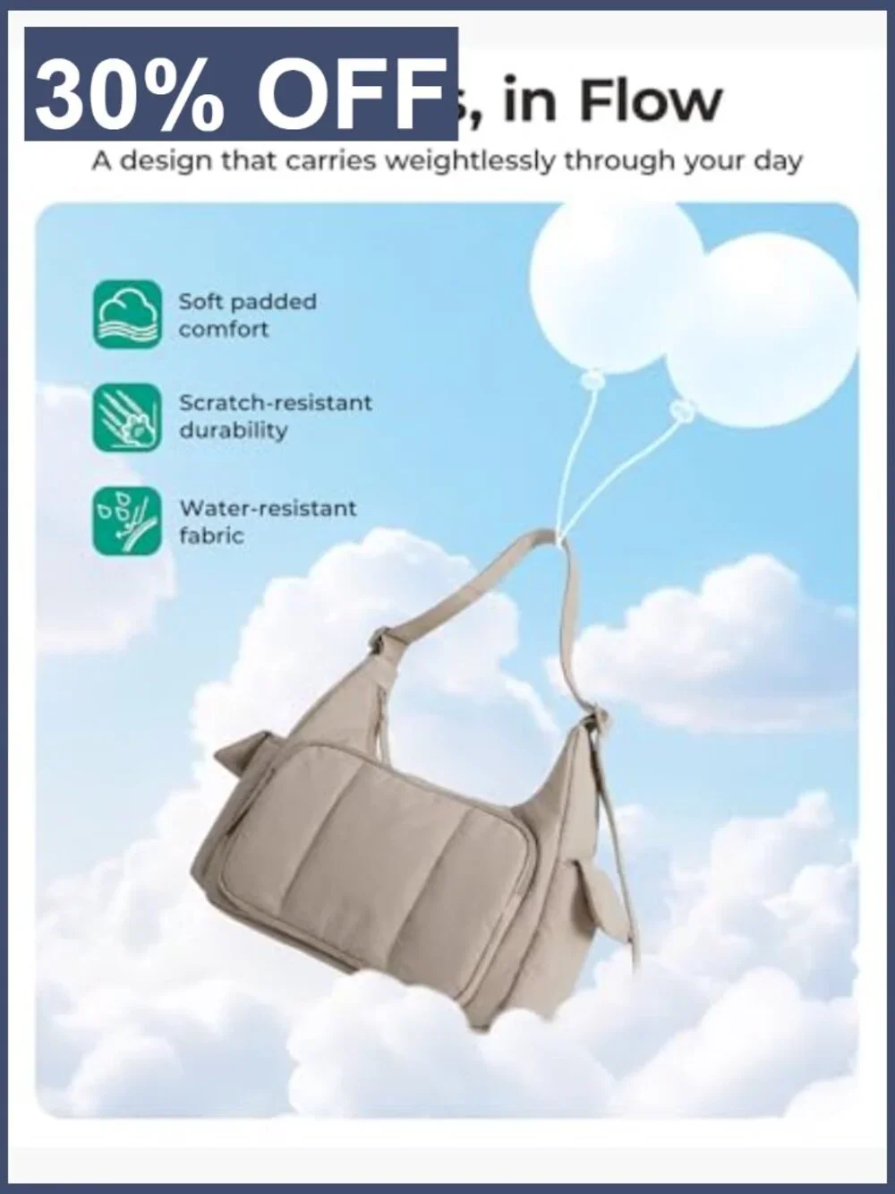 Puffer Crossbody Hobo Bag Fits iPad Wallet Phone Water-Resistant Adjustable